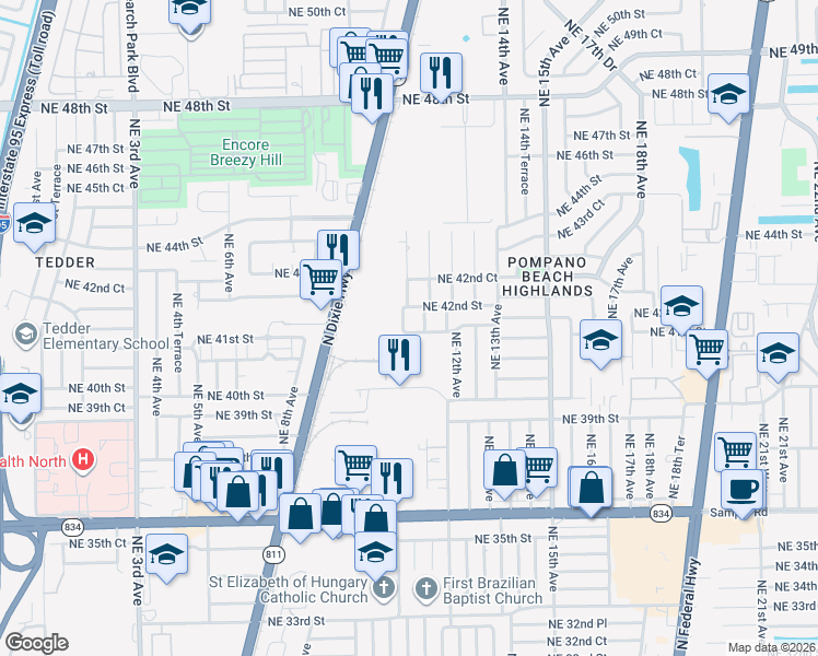 map of restaurants, bars, coffee shops, grocery stores, and more near 4150 Northeast 11th Avenue in Pompano Beach