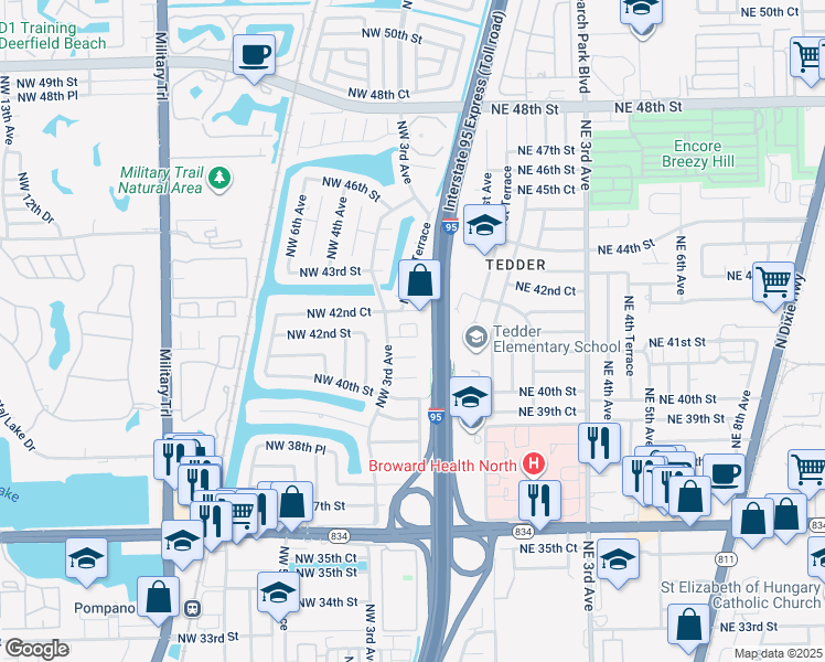 map of restaurants, bars, coffee shops, grocery stores, and more near 210 Northwest 41st Court in Pompano Beach