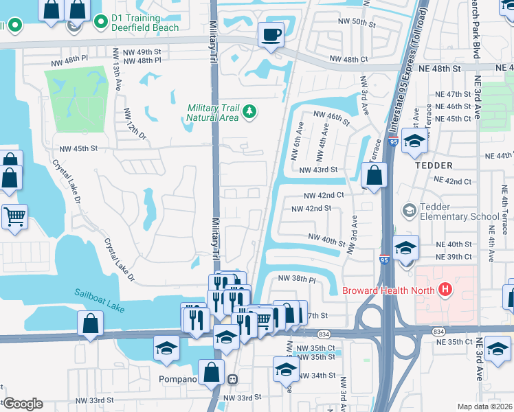map of restaurants, bars, coffee shops, grocery stores, and more near 4136 Eastridge Circle in Pompano Beach