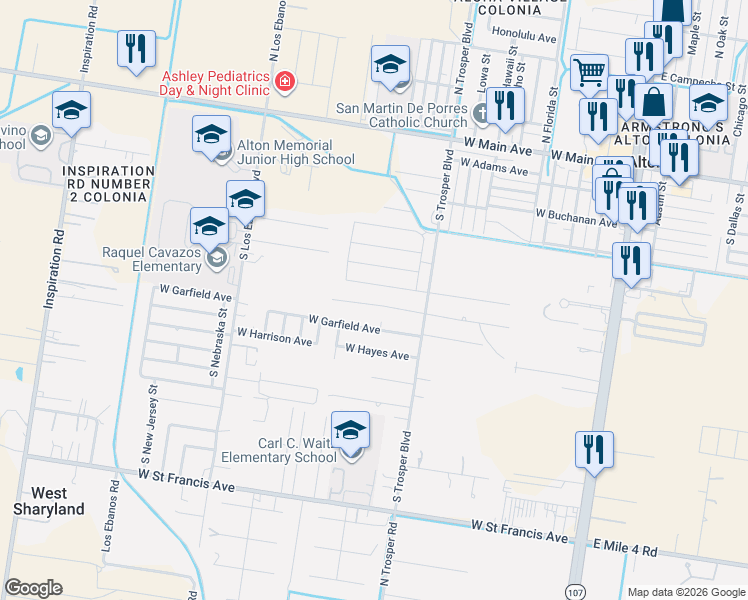 map of restaurants, bars, coffee shops, grocery stores, and more near 5 Mi N Trosper Road in Mission
