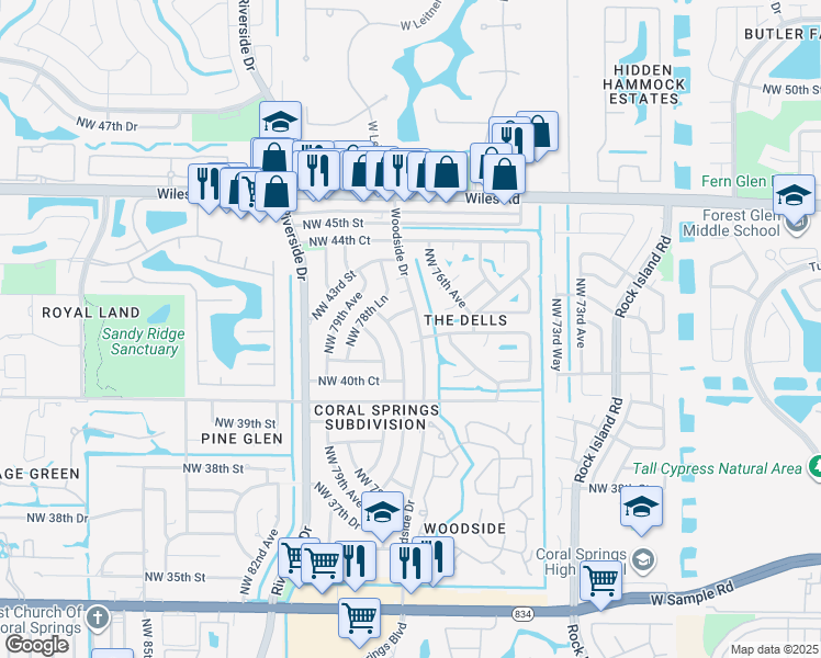 map of restaurants, bars, coffee shops, grocery stores, and more near 4019 Woodside Drive in Coral Springs