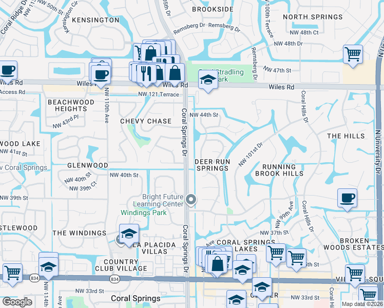 map of restaurants, bars, coffee shops, grocery stores, and more near 4122 Coral Springs Drive in Coral Springs