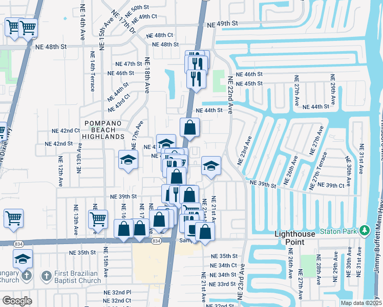 map of restaurants, bars, coffee shops, grocery stores, and more near 2319 Vintage Drive in Lighthouse Point