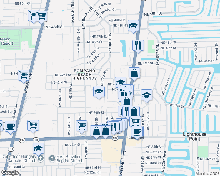 map of restaurants, bars, coffee shops, grocery stores, and more near 4041 Northeast 17th Terrace in Pompano Beach