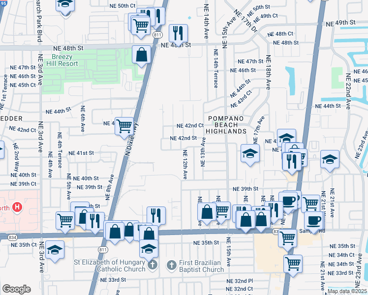 map of restaurants, bars, coffee shops, grocery stores, and more near 4131 Northeast 12th Avenue in Pompano Beach