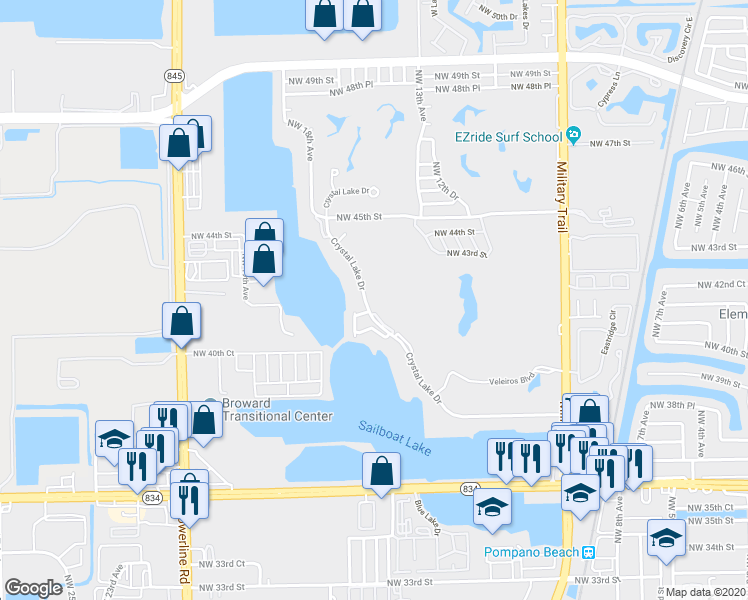 map of restaurants, bars, coffee shops, grocery stores, and more near 4100 Crystal Lake Drive in Pompano Beach