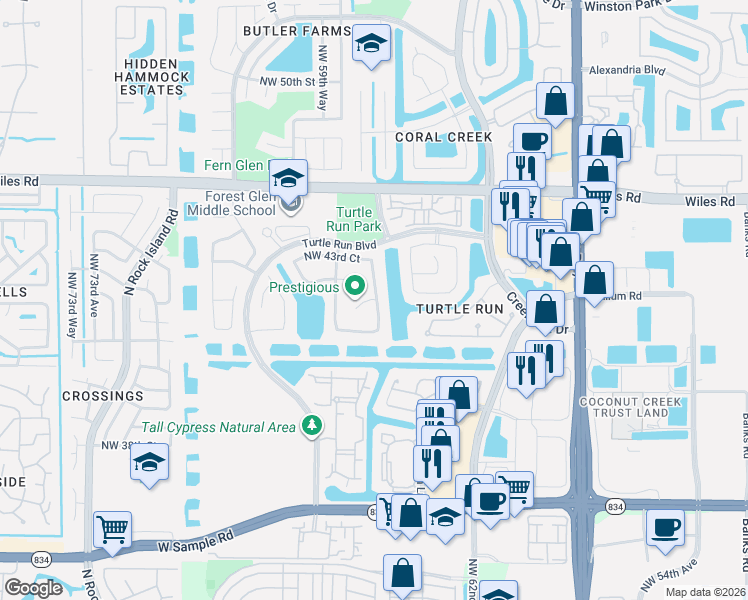 map of restaurants, bars, coffee shops, grocery stores, and more near 4188 Northwest 64th Avenue in Coral Springs