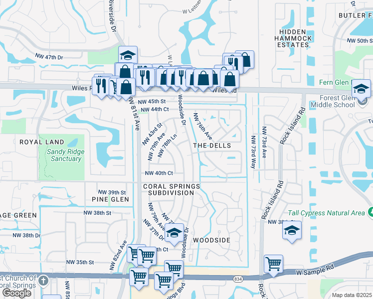 map of restaurants, bars, coffee shops, grocery stores, and more near 4019 Woodside Drive in Coral Springs