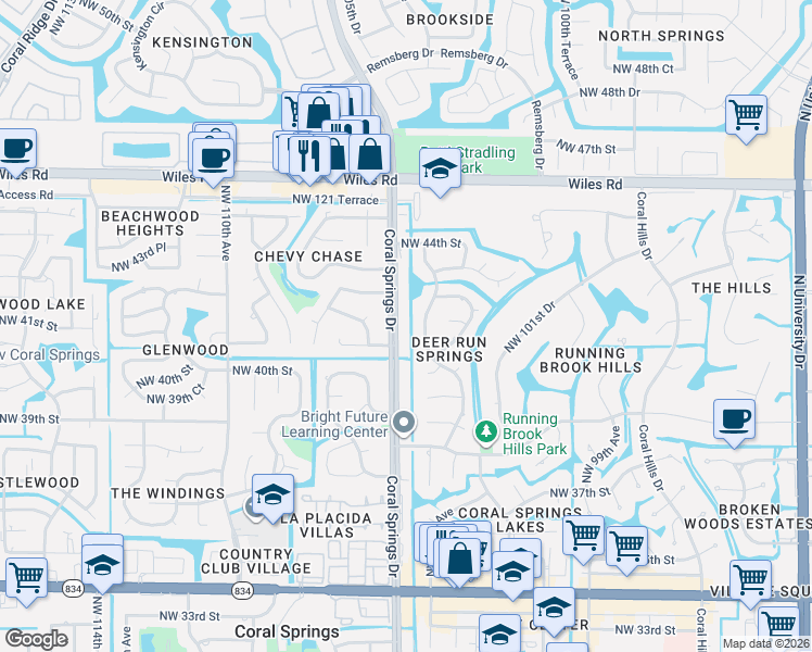 map of restaurants, bars, coffee shops, grocery stores, and more near 4122 Coral Springs Drive in Coral Springs