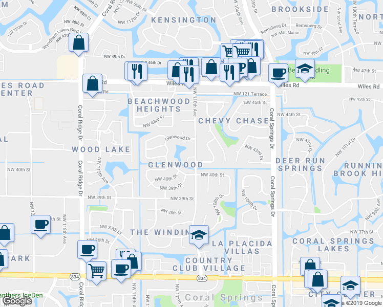 map of restaurants, bars, coffee shops, grocery stores, and more near 11061 Northwest 41st Court in Coral Springs