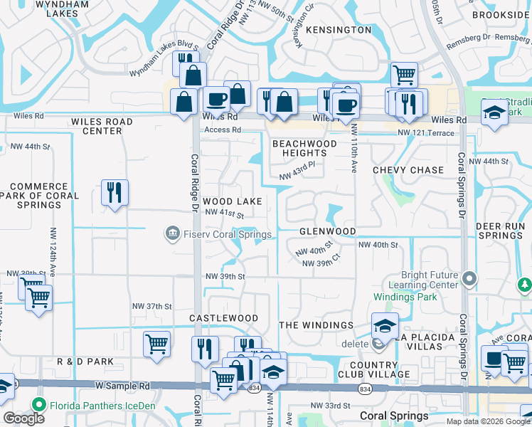 map of restaurants, bars, coffee shops, grocery stores, and more near 4050 Northwest 114th Avenue in Coral Springs