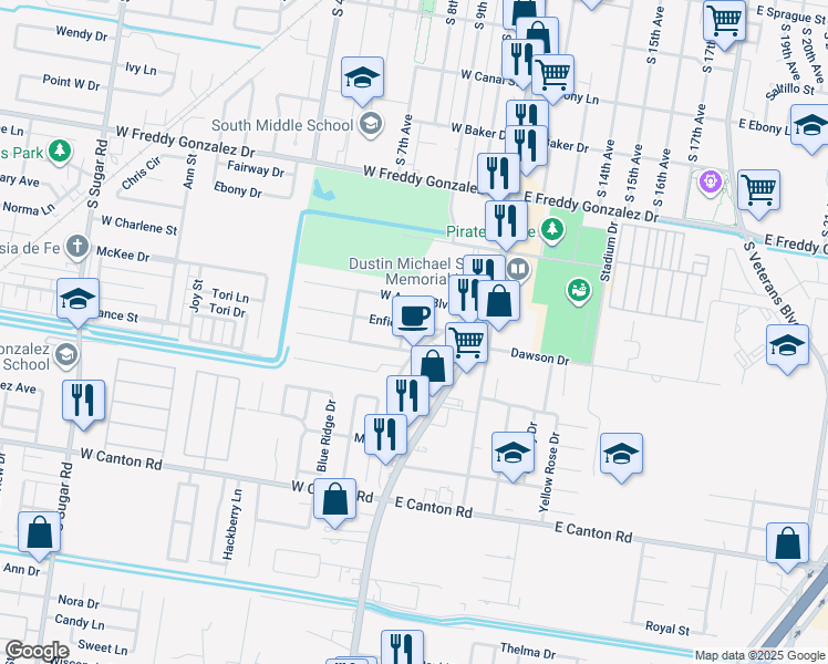map of restaurants, bars, coffee shops, grocery stores, and more near 116 West Enfield Road in Edinburg