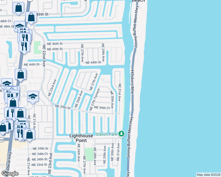 map of restaurants, bars, coffee shops, grocery stores, and more near 2810 Northeast 41st Street in Lighthouse Point