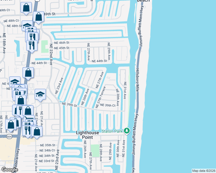 map of restaurants, bars, coffee shops, grocery stores, and more near 2810 Northeast 41st Street in Lighthouse Point