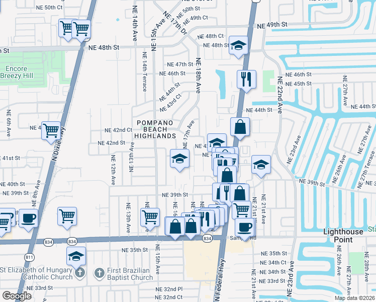 map of restaurants, bars, coffee shops, grocery stores, and more near 4041 Northeast 17th Terrace in Pompano Beach