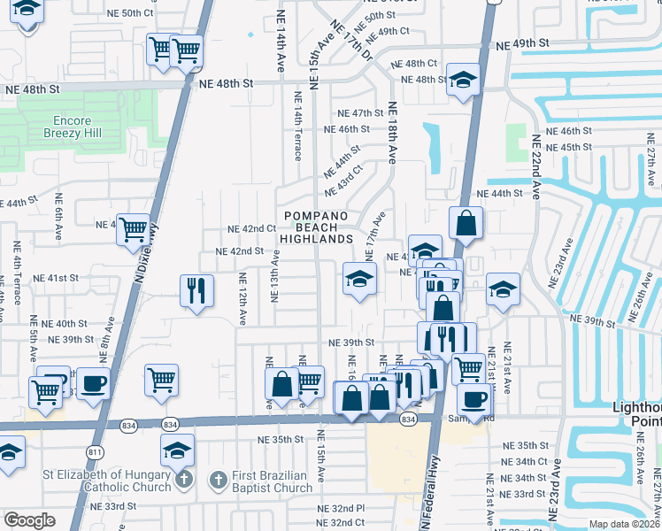 map of restaurants, bars, coffee shops, grocery stores, and more near 4130 Northeast 15th Avenue in Pompano Beach