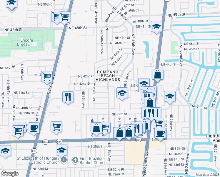 map of restaurants, bars, coffee shops, grocery stores, and more near 4130 Northeast 15th Avenue in Pompano Beach