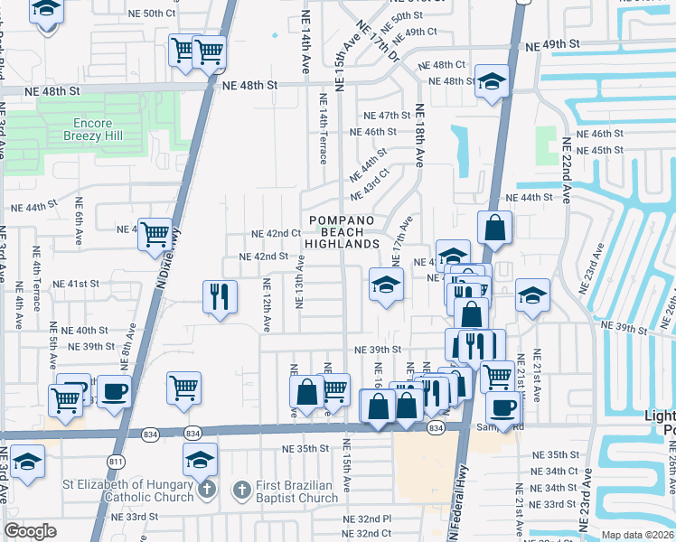 map of restaurants, bars, coffee shops, grocery stores, and more near 4130 Northeast 15th Avenue in Pompano Beach