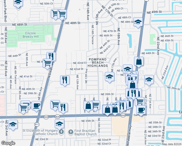 map of restaurants, bars, coffee shops, grocery stores, and more near 1330 Northeast 41st Court in Pompano Beach