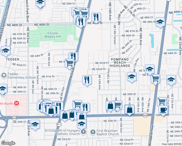 map of restaurants, bars, coffee shops, grocery stores, and more near 4150 Northeast 11th Avenue in Pompano Beach