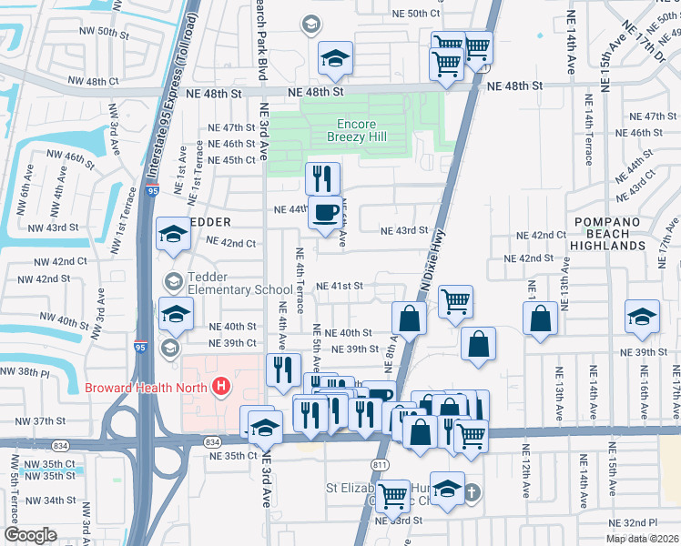 map of restaurants, bars, coffee shops, grocery stores, and more near 500 Northeast 41st Street in Pompano Beach