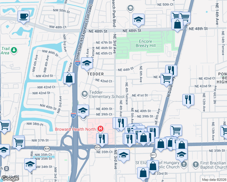 map of restaurants, bars, coffee shops, grocery stores, and more near 285 Northeast 41st Street in Pompano Beach