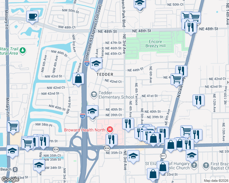 map of restaurants, bars, coffee shops, grocery stores, and more near 249 Northeast 41st Street in Pompano Beach