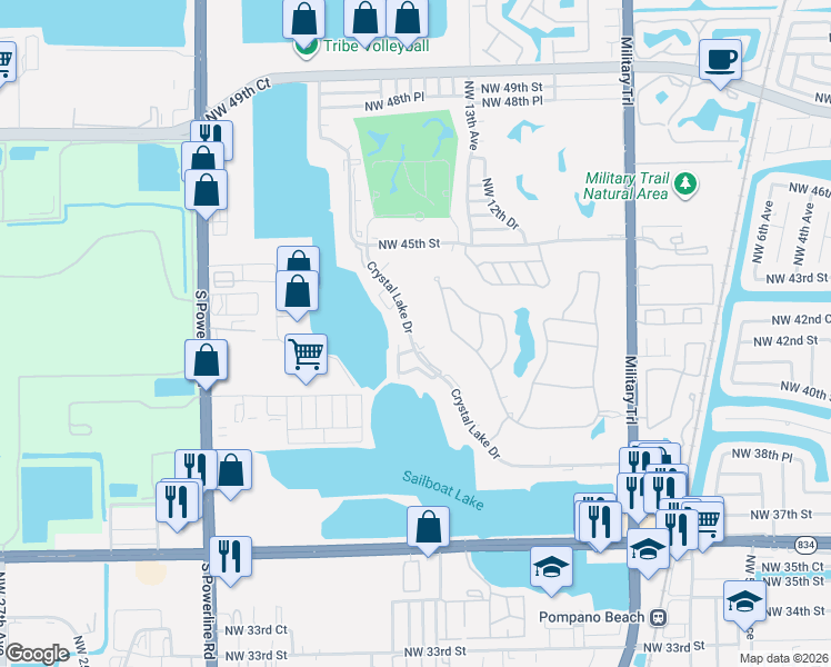 map of restaurants, bars, coffee shops, grocery stores, and more near 4100 Crystal Lake Drive in Pompano Beach