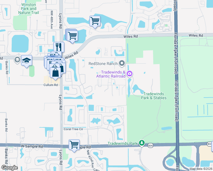 map of restaurants, bars, coffee shops, grocery stores, and more near 4100 Northwest 43rd Street in Coconut Creek