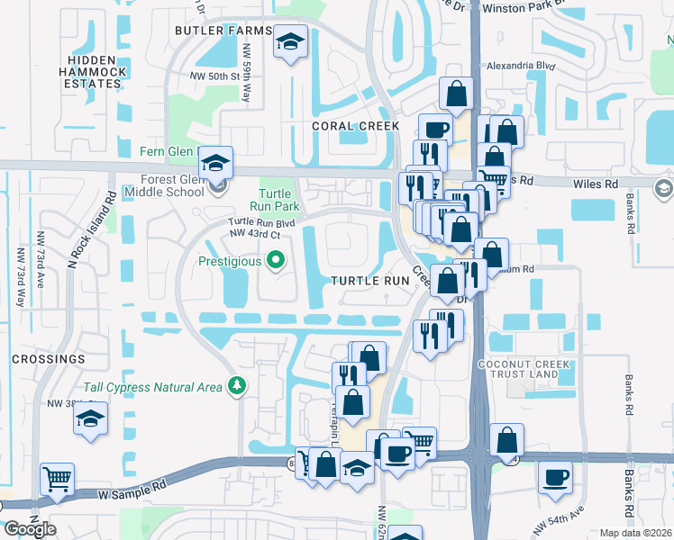 map of restaurants, bars, coffee shops, grocery stores, and more near 6177 Northwest 41st Drive in Coral Springs
