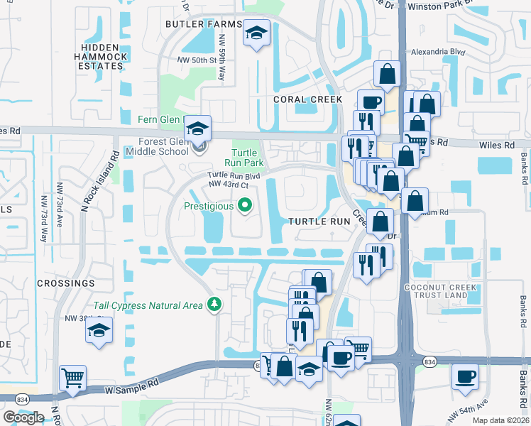 map of restaurants, bars, coffee shops, grocery stores, and more near 4188 Northwest 64th Avenue in Coral Springs