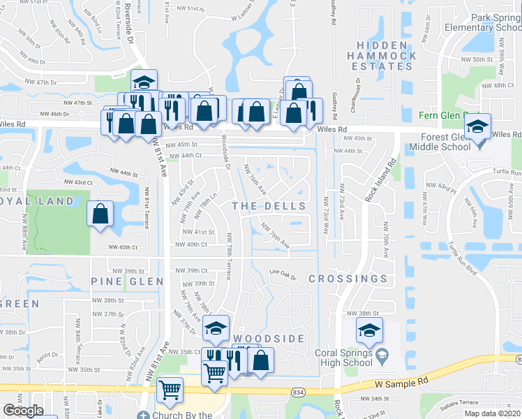 map of restaurants, bars, coffee shops, grocery stores, and more near 4017 Northwest 76th Avenue in Coral Springs