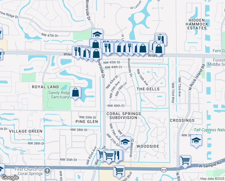 map of restaurants, bars, coffee shops, grocery stores, and more near 4112 Northwest 78th Lane in Coral Springs