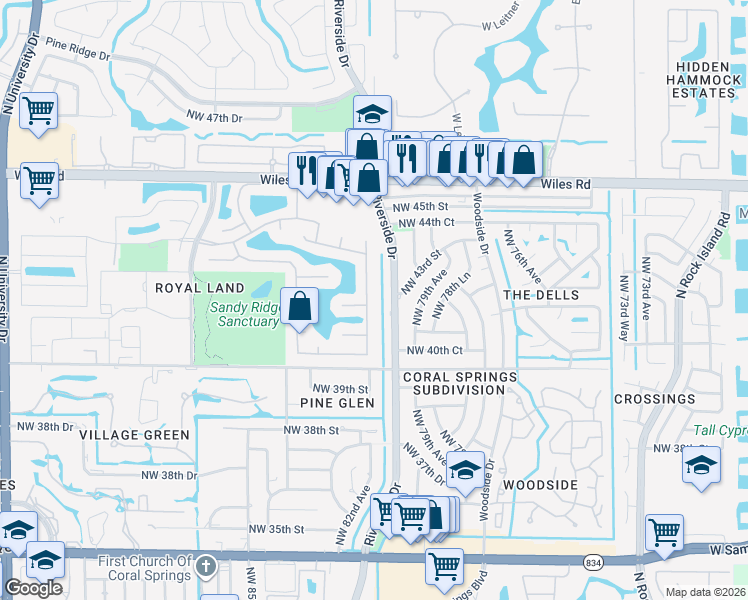 map of restaurants, bars, coffee shops, grocery stores, and more near 8170 Northwest 42nd Street in Coral Springs