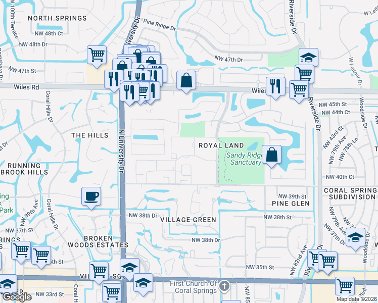 map of restaurants, bars, coffee shops, grocery stores, and more near 4124 Northwest 90th Avenue in Coral Springs