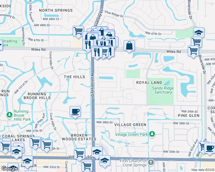 map of restaurants, bars, coffee shops, grocery stores, and more near 9184 Northwest 41st Manor in Coral Springs