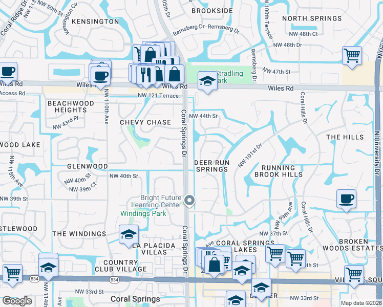 map of restaurants, bars, coffee shops, grocery stores, and more near 4122 Coral Springs Drive in Coral Springs