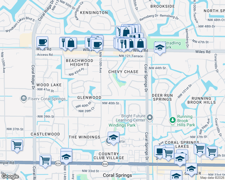 map of restaurants, bars, coffee shops, grocery stores, and more near 10942 Northwest 41st Drive in Coral Springs