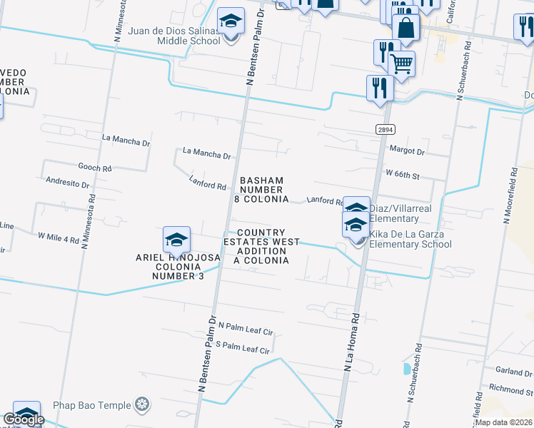 map of restaurants, bars, coffee shops, grocery stores, and more near 5460 North Bentsen Palm Drive in Mission
