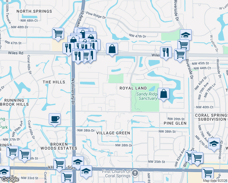 map of restaurants, bars, coffee shops, grocery stores, and more near 4124 Northwest 90th Avenue in Coral Springs