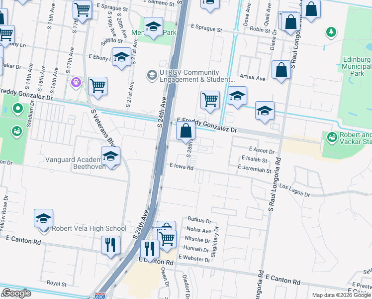 map of restaurants, bars, coffee shops, grocery stores, and more near 1453 South 28th Avenue in Edinburg