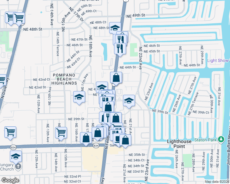 map of restaurants, bars, coffee shops, grocery stores, and more near 2319 Vintage Drive in Lighthouse Point