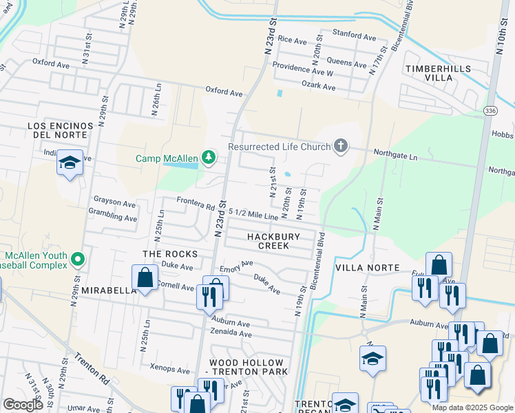 map of restaurants, bars, coffee shops, grocery stores, and more near 2120 Frontera Road in McAllen