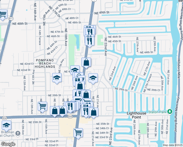 map of restaurants, bars, coffee shops, grocery stores, and more near 2319 Vintage Drive in Lighthouse Point