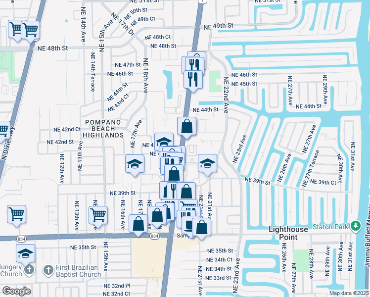 map of restaurants, bars, coffee shops, grocery stores, and more near 2319 Vintage Drive in Lighthouse Point