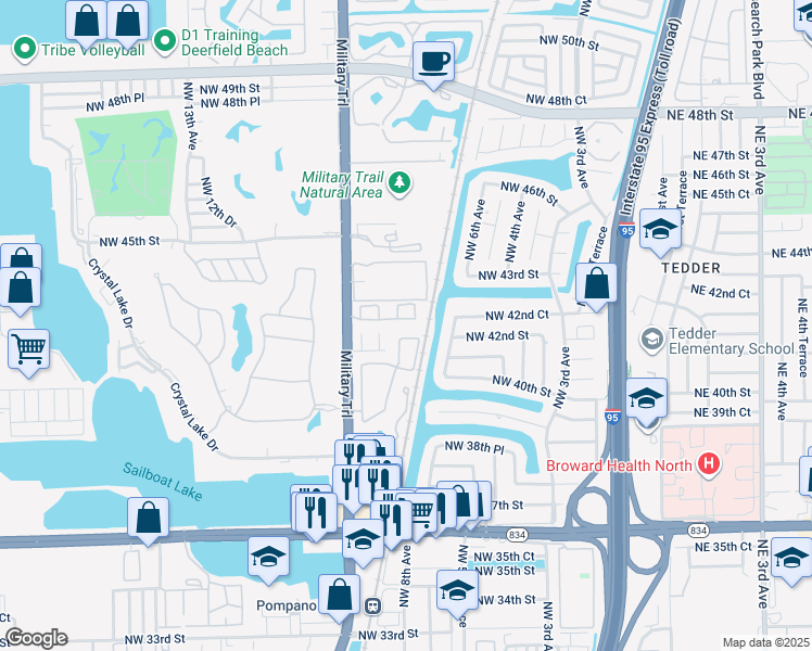map of restaurants, bars, coffee shops, grocery stores, and more near 4136 Eastridge Circle in Pompano Beach