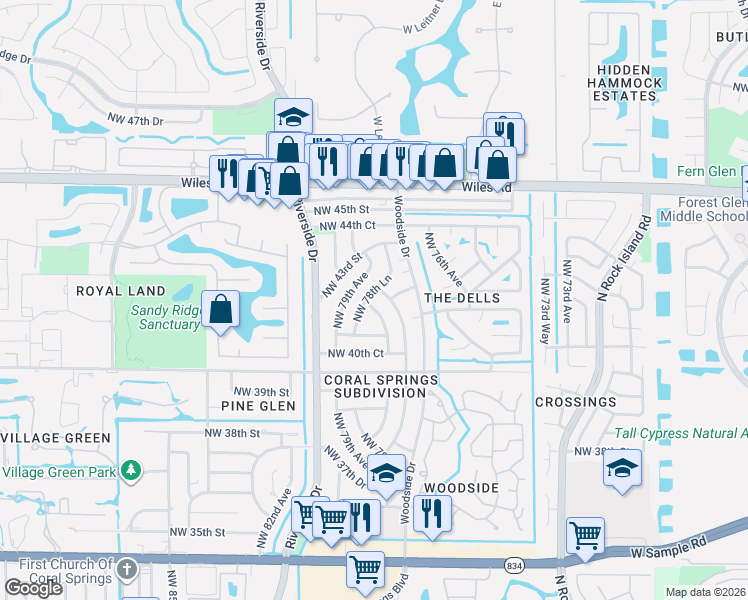 map of restaurants, bars, coffee shops, grocery stores, and more near 4113 Northwest 78th Way in Coral Springs