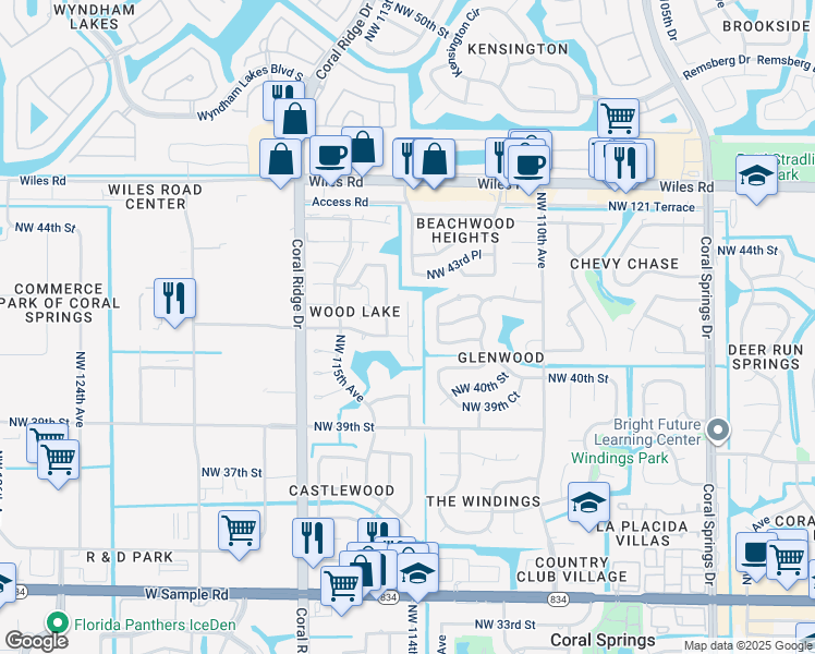map of restaurants, bars, coffee shops, grocery stores, and more near 4050 Northwest 114th Avenue in Coral Springs