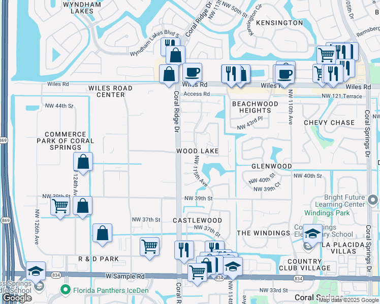 map of restaurants, bars, coffee shops, grocery stores, and more near 11523 Northwest 40th Court in Coral Springs