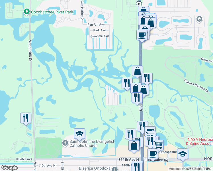 map of restaurants, bars, coffee shops, grocery stores, and more near 28 Walkerbilt Road in Naples